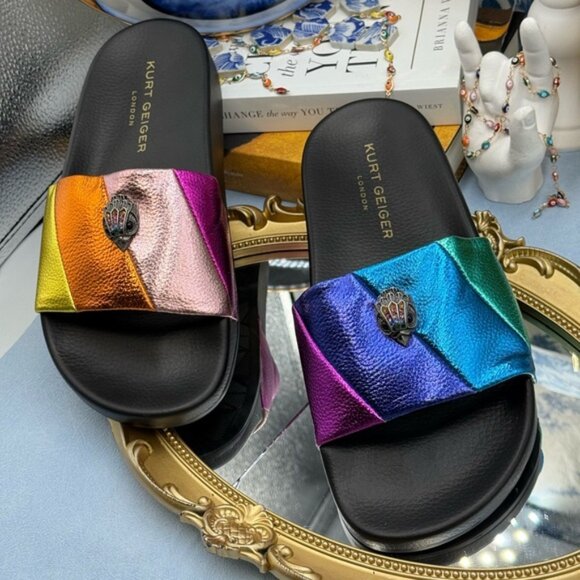 🆕 KURT GEIGER LONDON 🧿 NWOB Meena Eagle Metallic Pool Slide - Size 38 US 7.5 - Picture 5 of 12